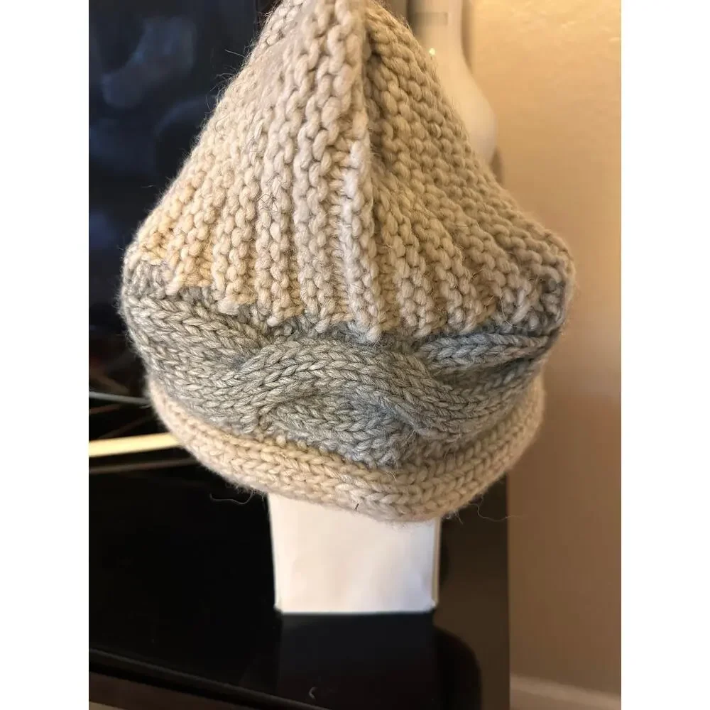 Chunky Cable Knit Beanie Hat Beige Grey Two Tone Winter Warm Rolled Brim